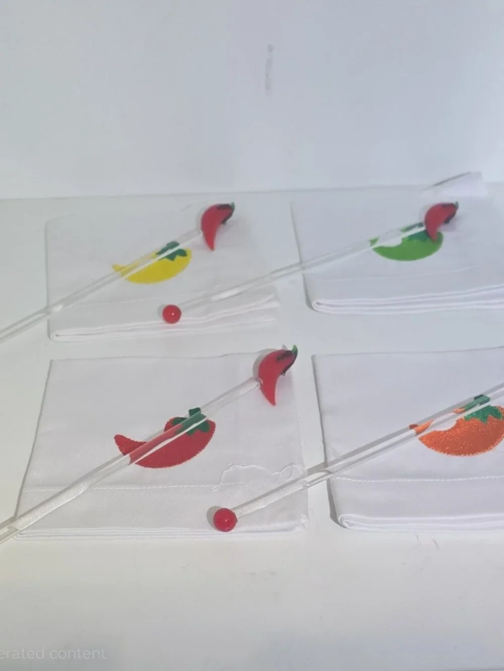 Vintage White Cloth Napkins with Hand-Blown Glass Chili Pepper Swizzle Sticks